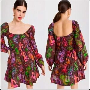 FARM RIO Wild Leopards Black Midi Dress XS Tropical Summer Print Vacation